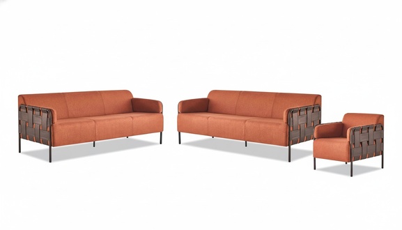 Ledersofas-Set Modern Komplett Sofas 3-Sitzer Sessel Orange Edelstahl