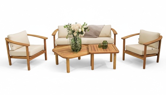 Luxuriöse Gartenmöbel Set 3+1+1 Sitzer Stilvoller Holz Komplett 2x Couchtische