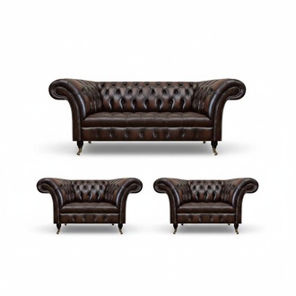 Luxus Braun Leder Sofa Set Wohnzimmer 2x Sessel Dreisitzer Couch Chesterfield