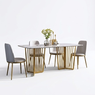 Luxus Esstisch Leder + Edelstahl Marmor Imitation Stein Tisch Esszimmer