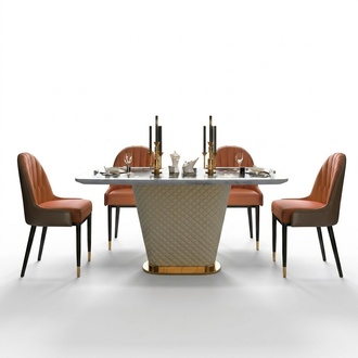 Luxus Esstisch Leder + Edelstahl Marmor Imitation Stein Tisch Esszimmer