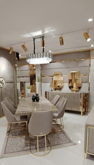 Luxus Esszimmer Set Esstisch + 6x Stühle + Anrichte mit 2x Spiegel Set
