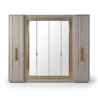 Luxus Kleiderschrank Holzschrank Garderobenschrank mit Spiegel Beige