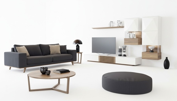 Luxus Walnuss natur Moderne Weiße Wohnwand TV-Ständer Sideboard Wandregale