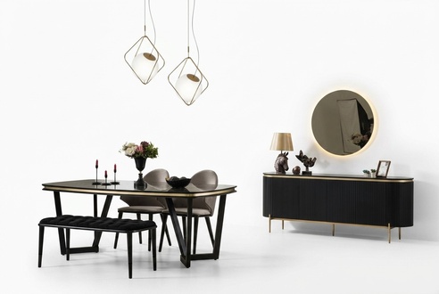 Modern 8tlg.Esszimmer Set Esstisch 4x Stühle Anrichte Spiegel Bank neu