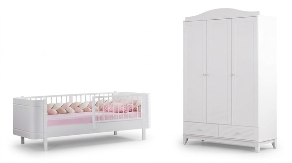 Modern Jugendzimmer Kinderzimmer Weiß Set luxuriöse Bett Kleiderschrank