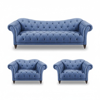 Modern Wohnzimmer Komplett Blau Sofa Couch Dreisitze 2x Sessel Einrichtung