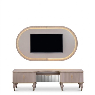 Moderne Beige Wohnwand Garnitur Designer RTV-Lowboard Wandpanel 2tlg