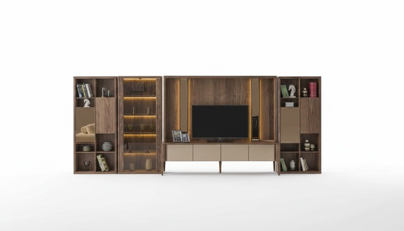 Moderne Braune Wohnwand Wohnzimmer Holzwand Mux LED-Regalen Wohnwände