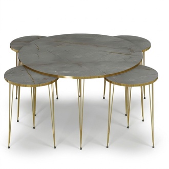 Beistelltisch Set 5 Teile mit Goldenen Beinen und Grauem Marmor-Effekt
