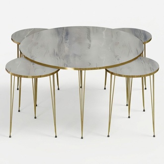 Luxus Couchtisch 5er-Set Marmor-Optik Weiß Gold Rund