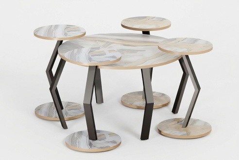 Design Satztisch Set 5-teilig – Flexibler Couchtisch (Marmor-, Holz-Optik & verschiedene Formen)