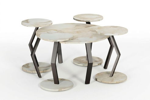 Luxus Designer Couchtisch Set Marmor-Optik mit Z-Beinen - 5-teilig