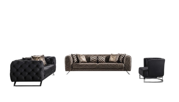 Moderner schwarzer und brauner Holz-Textil-Sofaset mit stilvollem