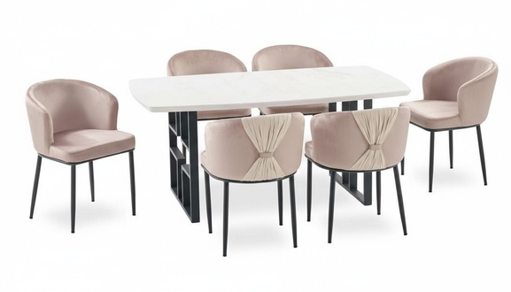 Modernes Esszimmer Set Rosa Schwarz gepolsterte Stühle rechteckiger Tisch