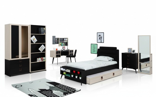 Modernes Jugendzimmer Set Bett Nachttisch Kleiderschrank Wandregal Schwarz 6tlg.