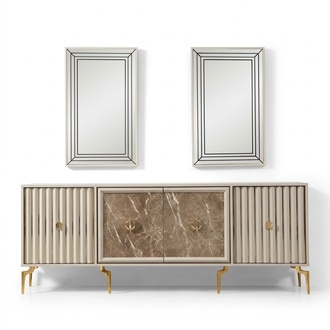 Modernes Sideboard mit 2x Spiegeln Designer Luxus Wohnzimmer Möbel Holz
