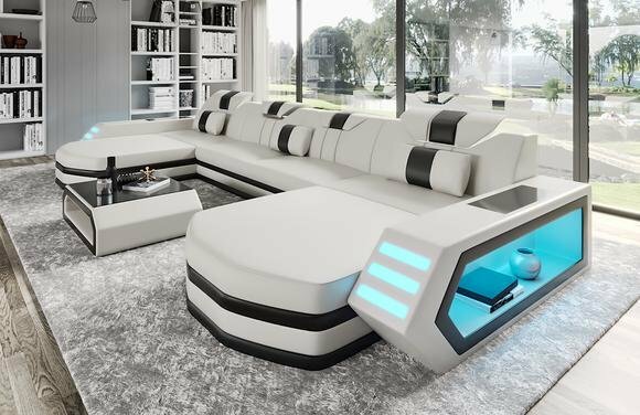 Ledersofa Designer Sofa Couch Wohnlandschaft U Form Beleuchtet - Belfort 6