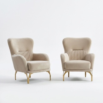 Ohrensessel Garnitur Sessel 2tlg Beige Polstersessel Stoff Einsitzer