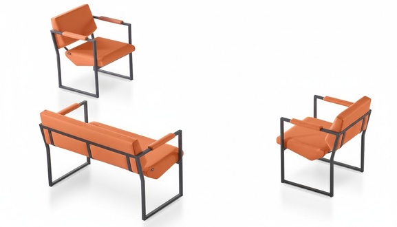 Orange Kunstleder Bürogarnitur Designer Leder Dreisitzer 2x Sessel 3tlg