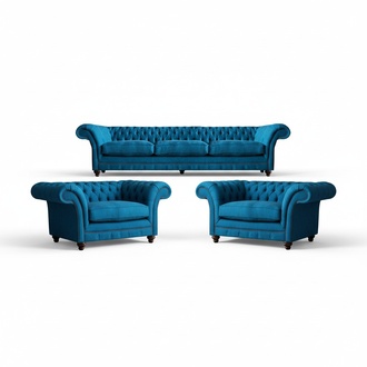 Polstermöbel Blau Sofagarnitur Textil Sitz Möbel Chesterfield Set Einrichtung