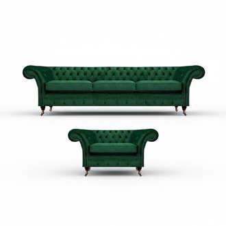 Polstermöbel Grün Sofa Dreisitze Couch Sessel Chesterfield 3+1 Sofagarnitur