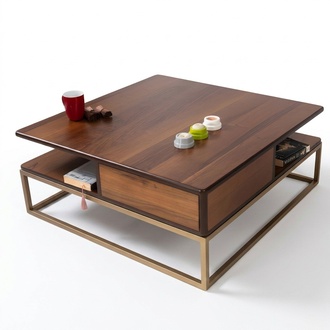Quadratischer Couchtisch mit Büchernische und stilvollem Sockel
