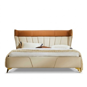 Schlafzimmer Beiges Doppelbett Lederbetten Holzgestell Textil Möbel
