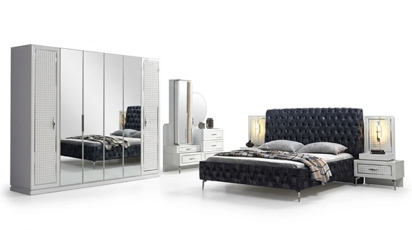 Schlafzimmer Bett Nachttisch Kommode Kleiderschrank Chesterfield 5tlg.