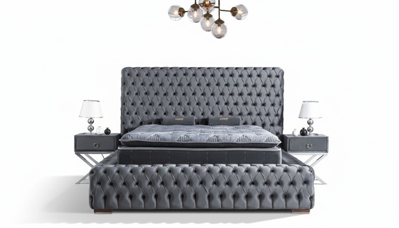 Schlafzimmer Chesterfield Bett 3tlg. 2x Nachtische Samt mit Matratze