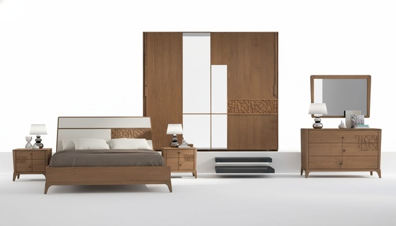 Schlafzimmer Set 6tlg. Luxus Bett 2x Nachttische Kleiderschrank Holz Neu