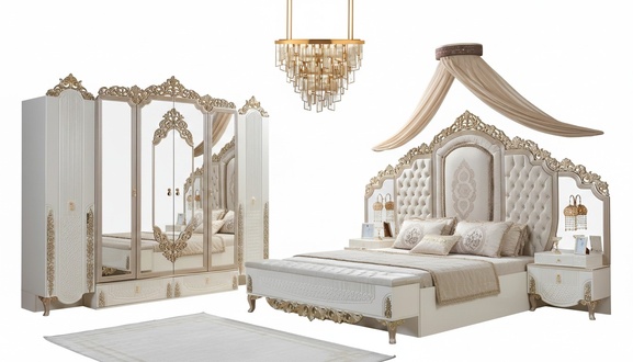 Schlafzimmer Set Bett 2x Nachttische Hocker Luxus neu 5tlg Design Holz