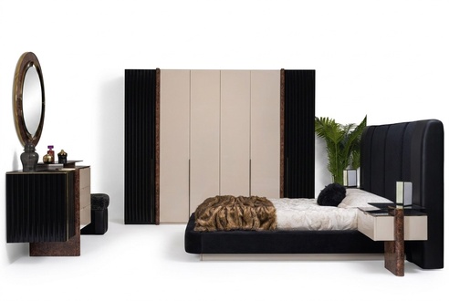 Schlafzimmer Set Bett 2x Nachttische Kleiderschrank Kommode Design Möbel
