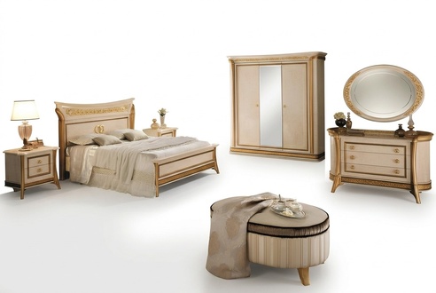 Schlafzimmer Set Design Bett 2x Nachttisch Kommode Hocker arredoclassic 7tlg.