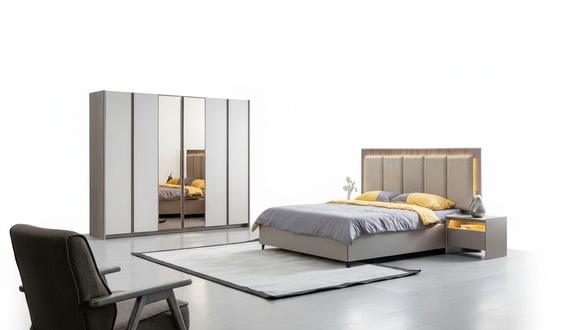 Schlafzimmer-Set Grau Bett mit 2 Nachttische & Geräumiger Kleiderschrank 4-tlg.