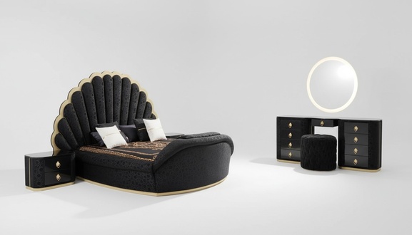 Schlafzimmer Set Luxusbett +2x Nachttische Schminktisch Rundbett 5-tlg.