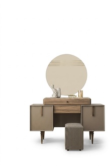 Schminktisch Konsolentisch Puff Frisiertisch Holz Grau Spiegel Set