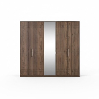 Schrank Kleiderschrank Schlafzimmerschrank Braun Holz Spiegel 5 Türen