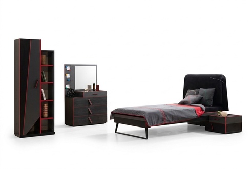 Schwarz-Rote Kinderzimmer Garnitur Moderne Möbel Bett Bücherschrank Tisch