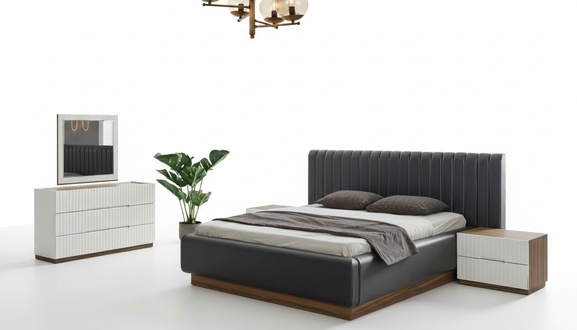 Schwarz-Weiße Komplette Schlafzimmer Garnitur Edles Bett 2x Nachttische