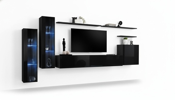 Schwarz Wohnwand Garnitur Wohnzimmer Wandregal Luxus Vitrine Komplett Set