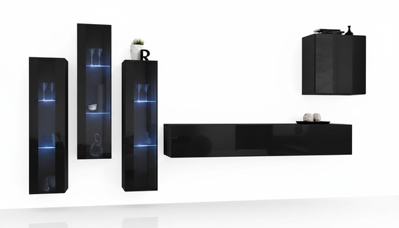 Schwarz Wohnwand Wohnzimmer Set Vitrine Schrank Wandregal 5tlg. Einrichtung