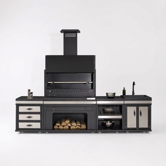 Schwarze Außenküche aus Edelstahl modern und langlebig