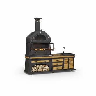 Schwarze Außenküche aus Holz und Edelstahl modern und wetterfest
