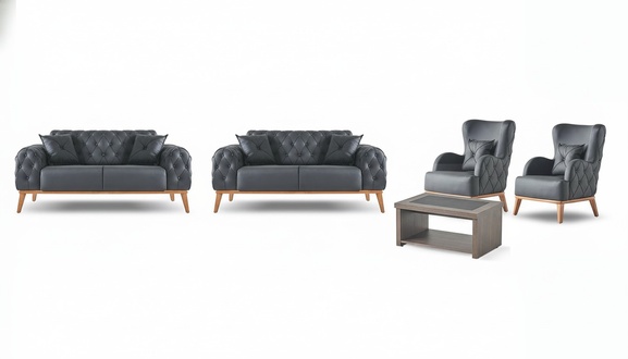 Schwarze Chesterfield Arbeitszimmer Garnitur Edle 2x 2-Sitzer Couchtisch