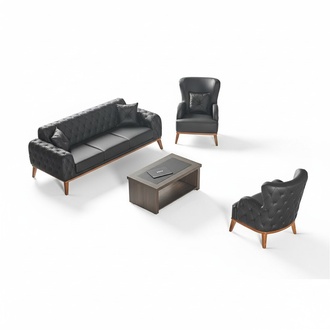 Schwarze Chesterfield Leder Sitzgarnitur 3-Sitzer Couchtisch 2x Sessel