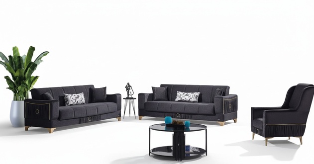 Schwarze Sofagarnitur 3+3+1 Sitzer Couchen Stoff Sitzmöbel Sessel Sofa