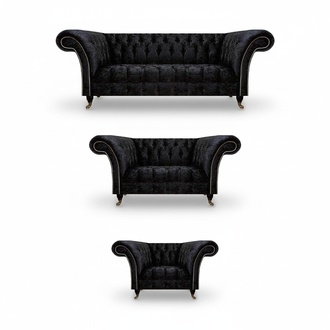Schwarze Textil Chesterfield Garnitur Edler Dreisitzer Lehnsessel 3tlg