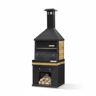 Schwarzer Grillkamin aus Holz und Edelstahl für Garten und Terrasse