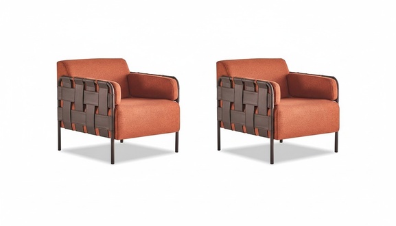 Sessel Set 2tlg 1-Sitzer Orange Lehnessel Modern Weich Leder Textil